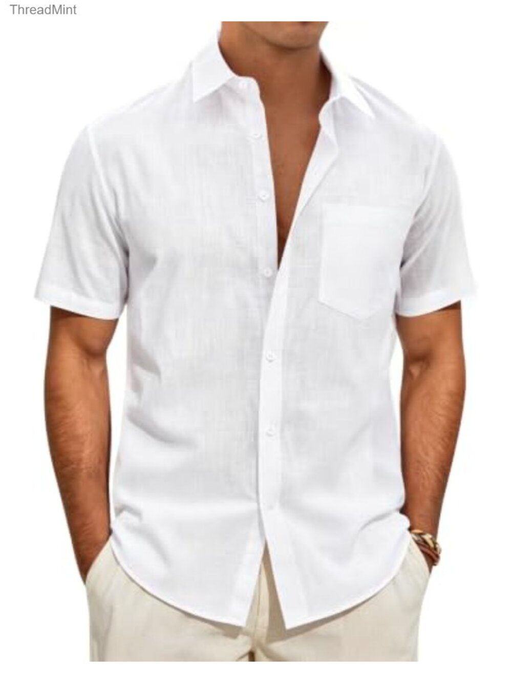 Mens Short Sleeve Linen Shirt Cotton Button Down Casual Summer Collared Top
